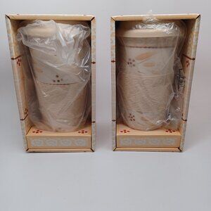 Temptations‎ by Tara Travel Mugs Old World Beige 16 oz w/lid Set of 2 NEW in Box